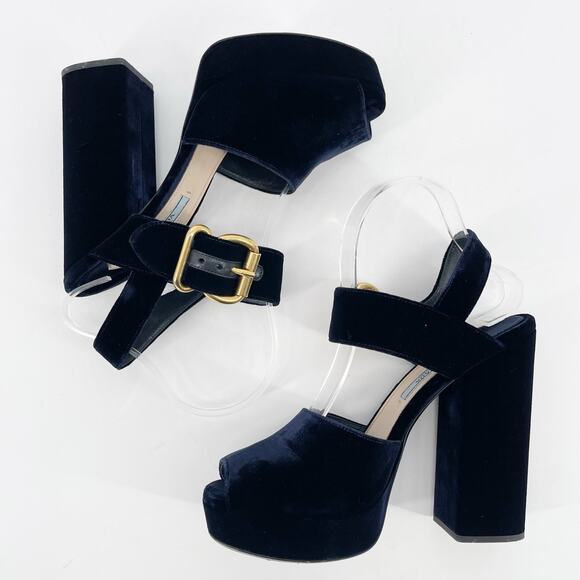 Prada Deep Navy Blue Velvet Block Heel Buckle Chunky Platform Sandal IT 38.5 - Picture 5 of 13